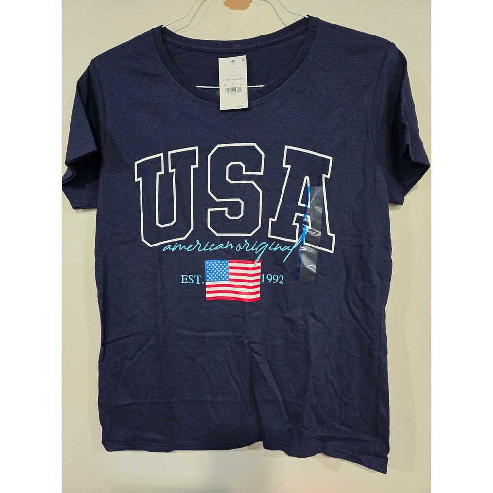 Zoe + Liv Women's Large Navy T-Shirt w/"USA American Original Est. 1992" *NWT*